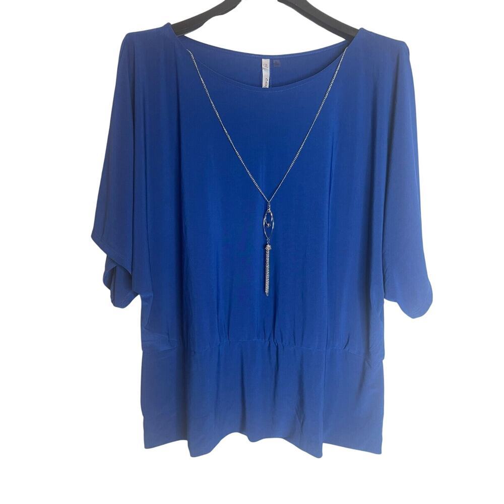 NY Collection Womens Stretch Round Neck Necklace Top Flutter Sleeve Size 3X Blue